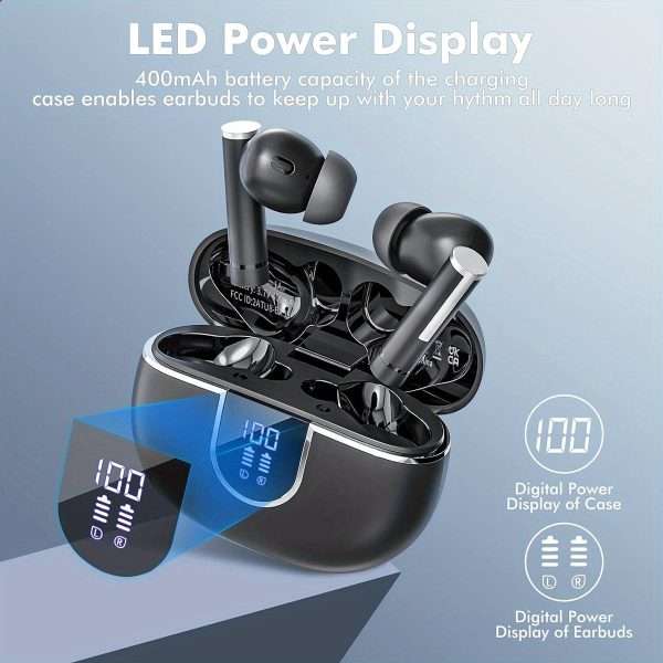 Wireless Stereo Earbuds with LED Power Display, Waterproof in-Ear Earphones with Wireless Charging Case, ENC Noise Cancelling Headphones, Sport Headset with Mic for Smartphone