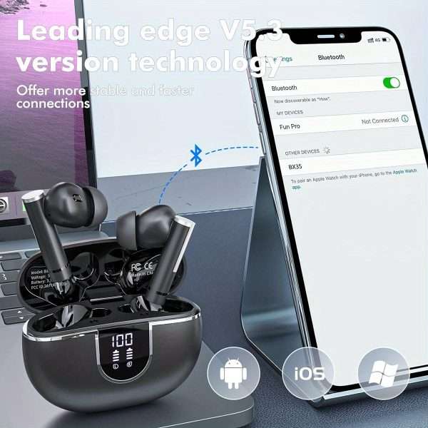 Wireless Stereo Earbuds with LED Power Display, Waterproof in-Ear Earphones with Wireless Charging Case, ENC Noise Cancelling Headphones, Sport Headset with Mic for Smartphone