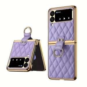 Luxurious Purple Leather Phone Case with Golden Plated Ring Holder for Samsung Galaxy Z Flip 4/3/Z4/Z3 Flip4/Flip5