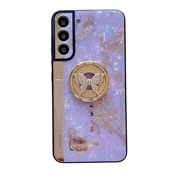 For Samsung Galaxy S23 FE/S23+/S23/S22+/S22/S21 Ultra/S21+/S21/A52 Phone Case Ladies Girl, Luxury Cute Sparkling Rhinestone Butterfly Flower Design With Ring Stand, Electroplated Glitter Girl Hard Case