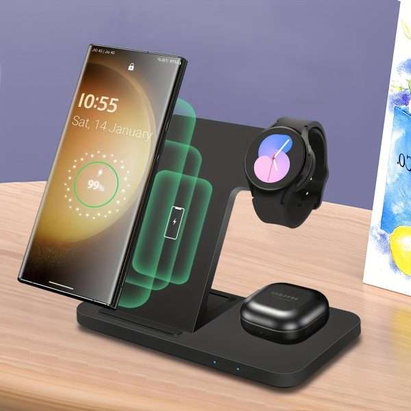 Foldable Wireless Charging Station For Samsung Multiple Devices 3 In 1 Fast Charger Dock Stand For Phone Galaxy Z Flip 4/3 Z Fold S23 S22 S21 S20 Ultra FE/Note 20 10 9, Galaxy Watch 5 Pro/5/4/3/Active 2/1, Buds+/Pro/Live