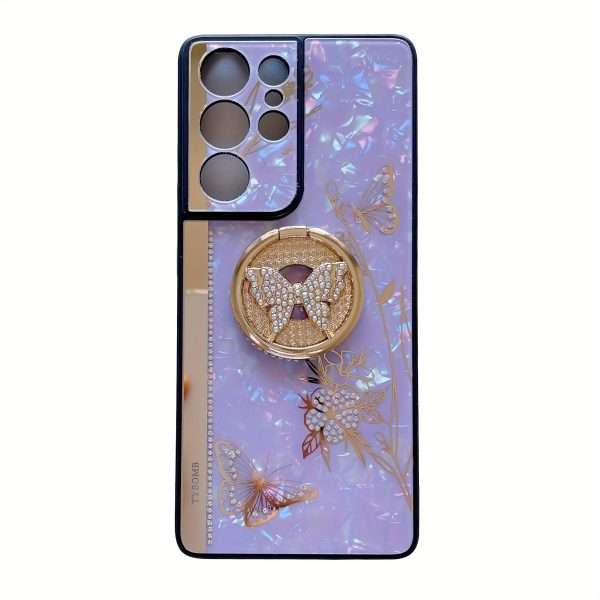For Samsung Galaxy S23 FE/S23+/S23/S22+/S22/S21 Ultra/S21+/S21/A52 Phone Case Ladies Girl, Luxury Cute Sparkling Rhinestone Butterfly Flower Design With Ring Stand, Electroplated Glitter Girl Hard Case