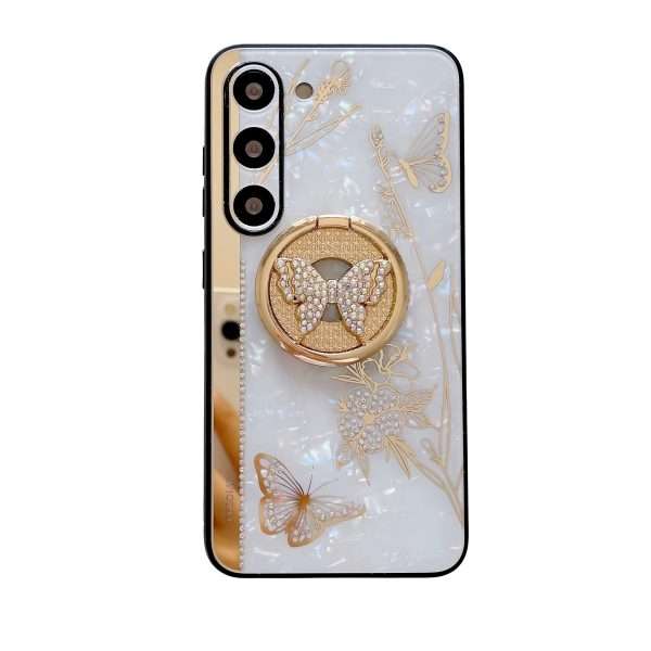 For Samsung Galaxy S23 FE/S23+/S23/S22+/S22/S21 Ultra/S21+/S21/A52 Phone Case Ladies Girl, Luxury Cute Sparkling Rhinestone Butterfly Flower Design With Ring Stand, Electroplated Glitter Girl Hard Case